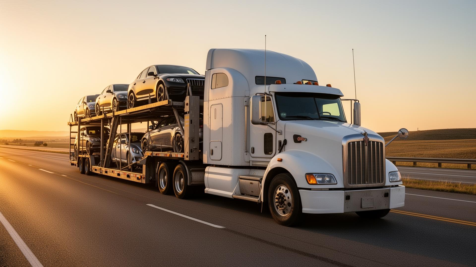 Car hauler at sunset